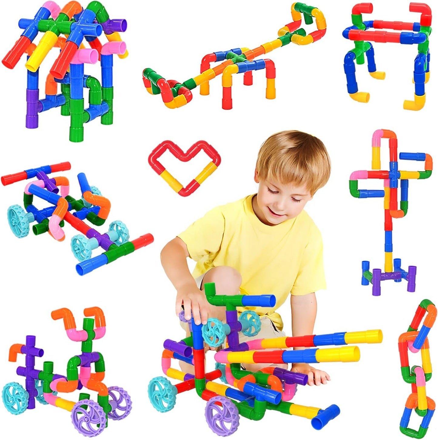 STEM Learning Pipe Tube Toys, Tube Locks Construction Building Blocks 96 Pcs - Multicolor Educational Building Blocks Set with Wheels& Spouts & Joints for Kids Ages 3+ Visit The FUBAODA Store