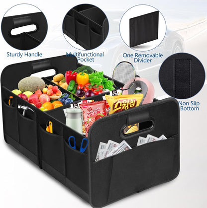 Car Trunk Organizer, Vehicle Boot Storage Bag, Super Capacity Seatback Collapsible Adjustable Compartment Reinforced Handles Trunk Tidy Cargo Organiser 600D for Sedan SUV RV ORV
