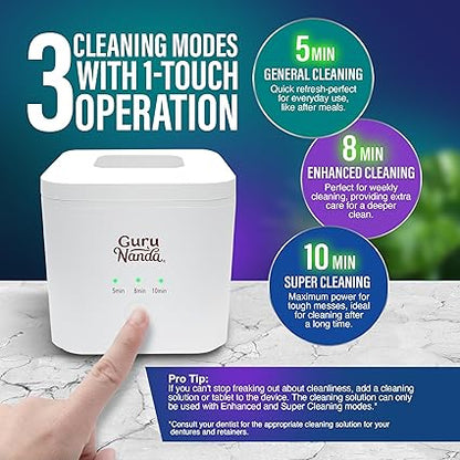 GuruNanda Retainer & Denture Cleaning Pod – Ultrasonic (45kHz) & UV Light Cleaner, 3 Modes for Retainers, Dentures, Brushes & Teeth Cushions