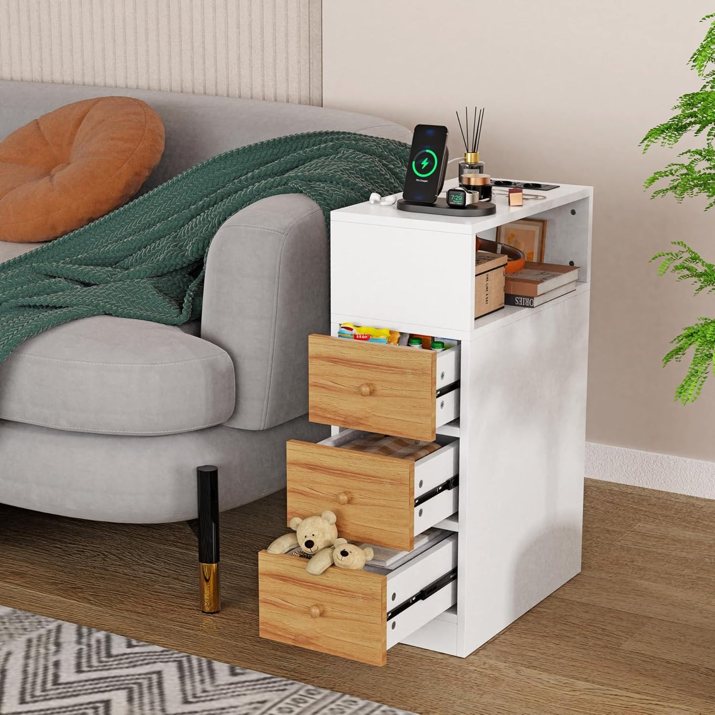 Set of 2 Narrow Bedside Table with USB Sockets and Ports, Bedside Table with Day Compartments and Drawer, Space-Saving Night Table for Bedroom Living Room, 45 x 25 x 70 cm, Narrow Bedside Tables in