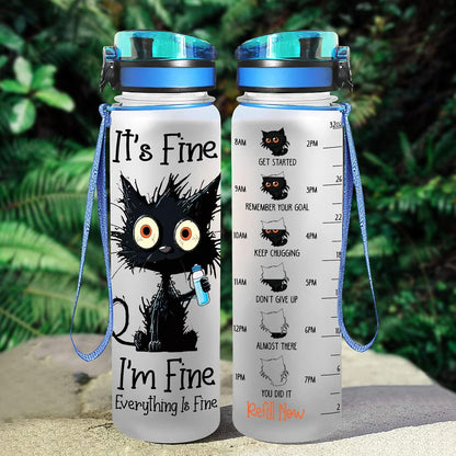 Crazy Cat Water Bottle 32 oz Tritan Plastic, Its Fine Everything Is Fine Water Bottle, Funny Birthday Mothers Day Halloween Christmas Gifts for Pet Lovers Cat Mom Lady Women