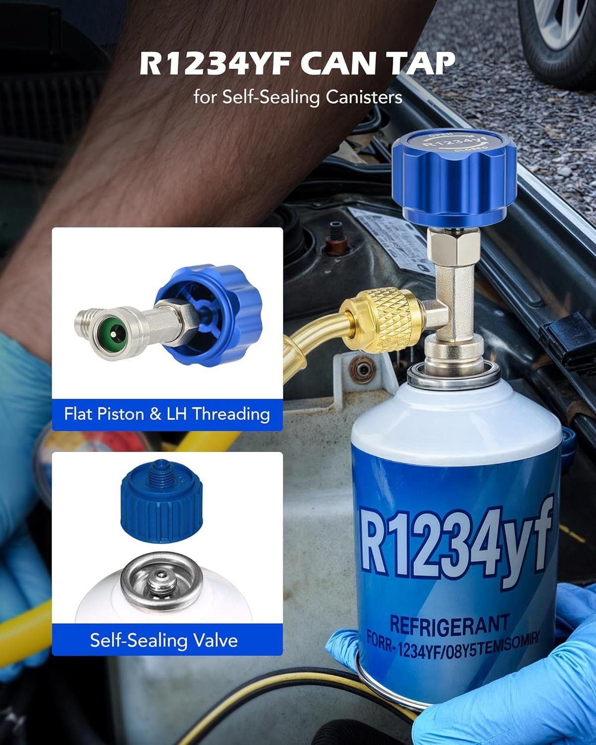Orion Motor Tech R1234yf Can Tap Valve, Self Sealing R1234yf Refrigerant Dispenser HVAC Tool with 1/4" and 1/2" Hose Adapters for Refilling Automotive SUV Truck Car AC Air Conditioning Systems