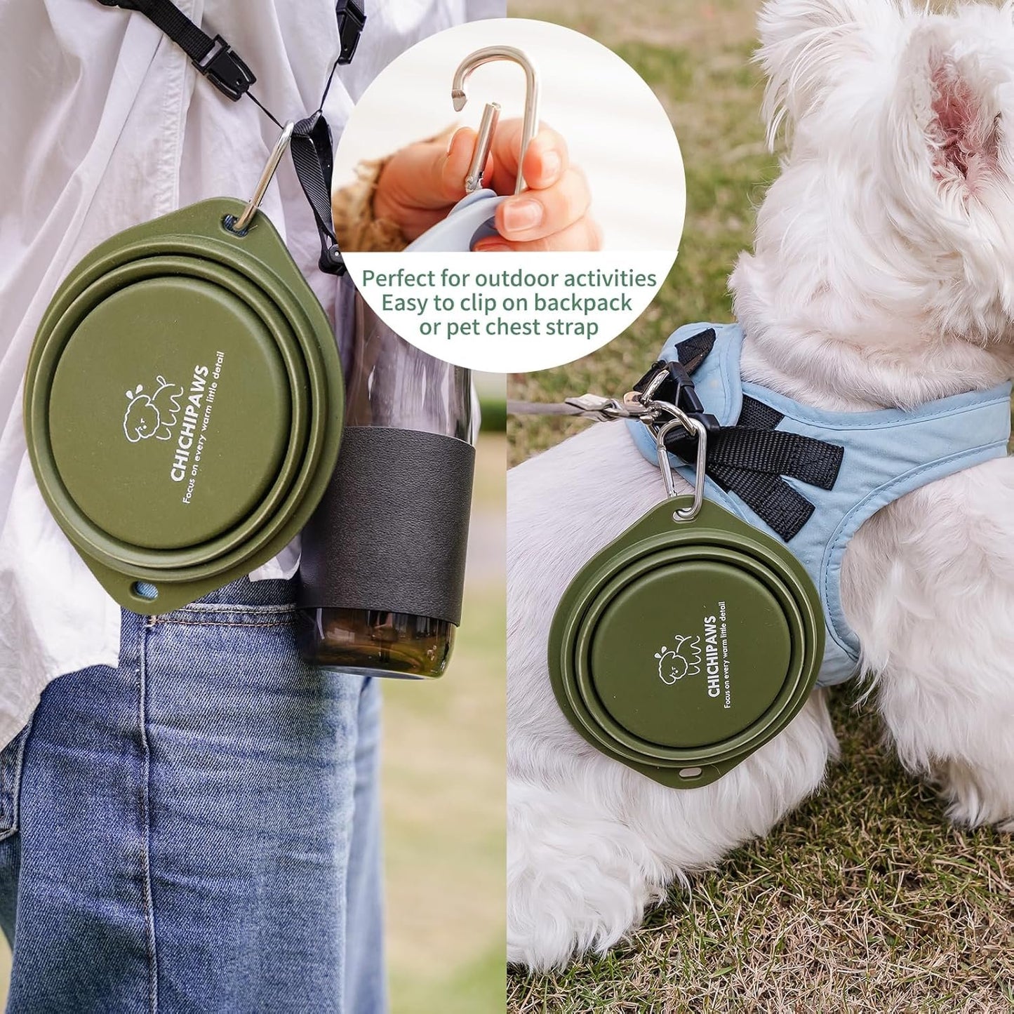 CHICHIPAWS Dog Bowls for Travel, 2-Pack Pet Collapsible Bowls for Cats Dogs, Portable Pet Feeding Watering Dish for Walking Parking Traveling with 2 Carabiners, BPA Free (Green, Large)