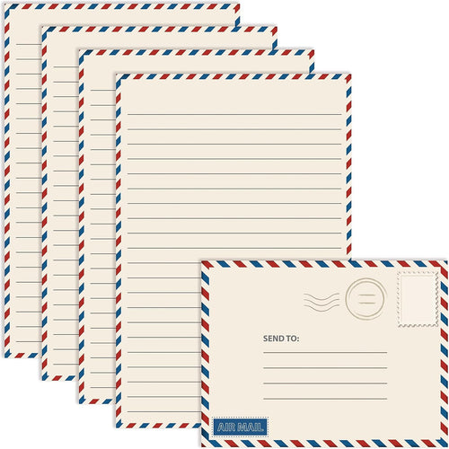 Better Office Products Mini Stationery Set, 100 Piece Set (50 Lined Sheets + 50 Matching Envelopes), 5.5 x 8.25 inch, Vintage Airmail Design, Double Sided Printing, Double Side Lined Paper, by