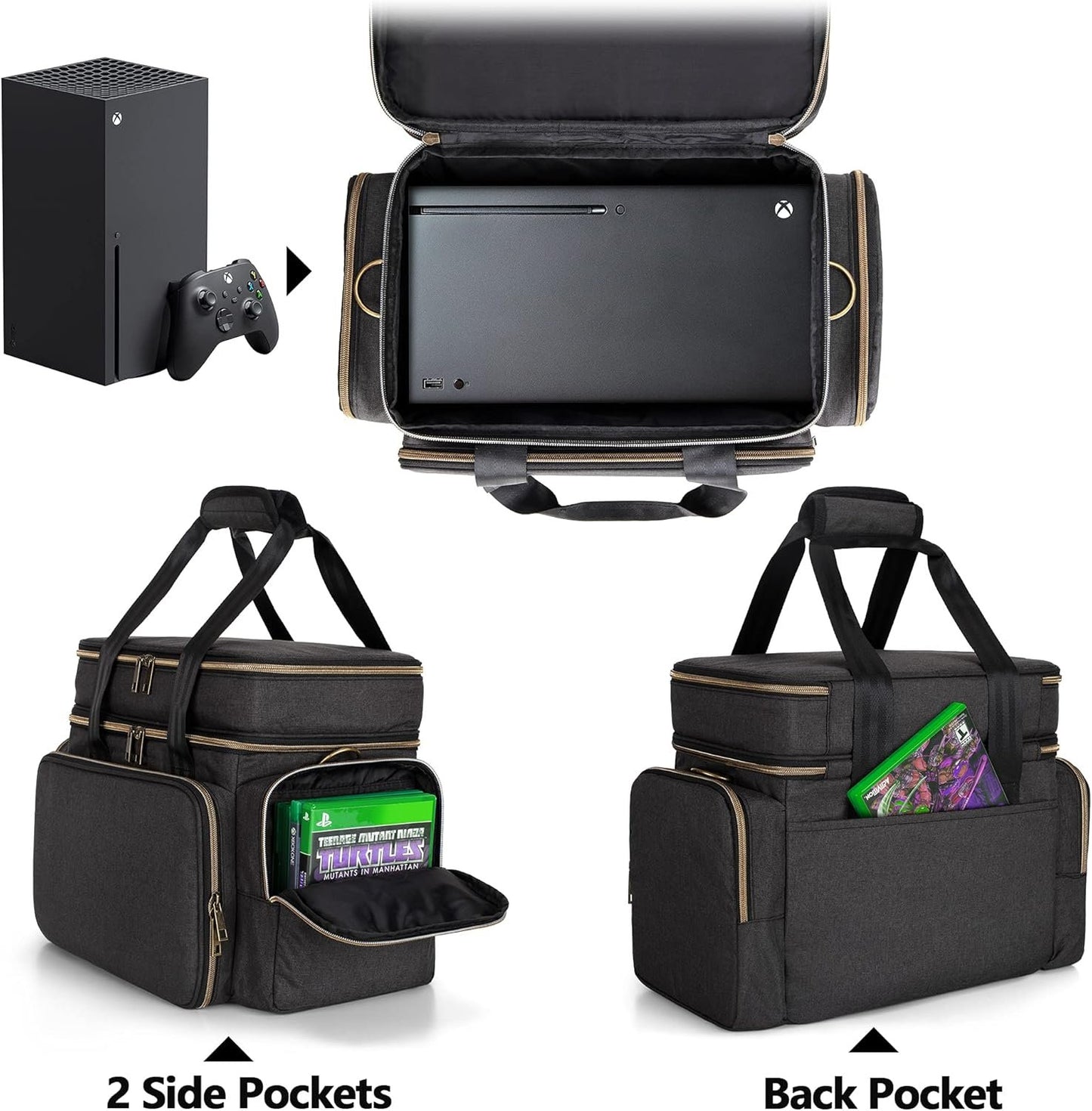 Trunab Console Travel Bag Compatible with Xbox Series X, Carrying Case with Multiple Storage Pockets for Xbox Controllers, Headset, Portable Hard Disk and More Accessories, Black (Patented Design)