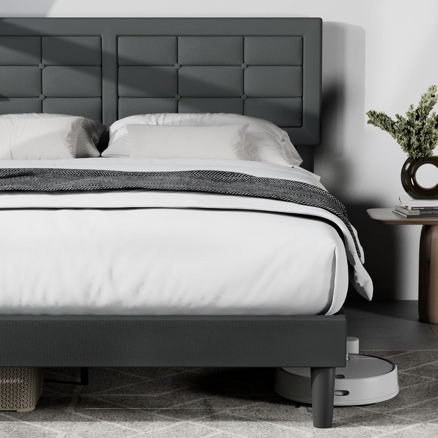 VECELO Queen Size Upholstered Bed Frame with Height Adjustable Fabric Headboard, Heavy-Duty Platform Bedframe/Mattress Foundation/Strong Wood Slat Support/No Box Spring Needed, Grey
