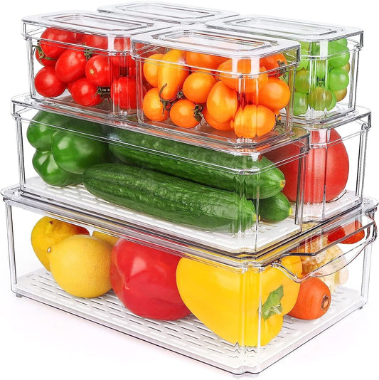 Feshory 7 Pack Clear Stackable Fridge Organiser Bins with Lids, Large Size Plastic Food Storage Containers for Fruit & Vegetable Storage, Kitchen Storage & Organisation