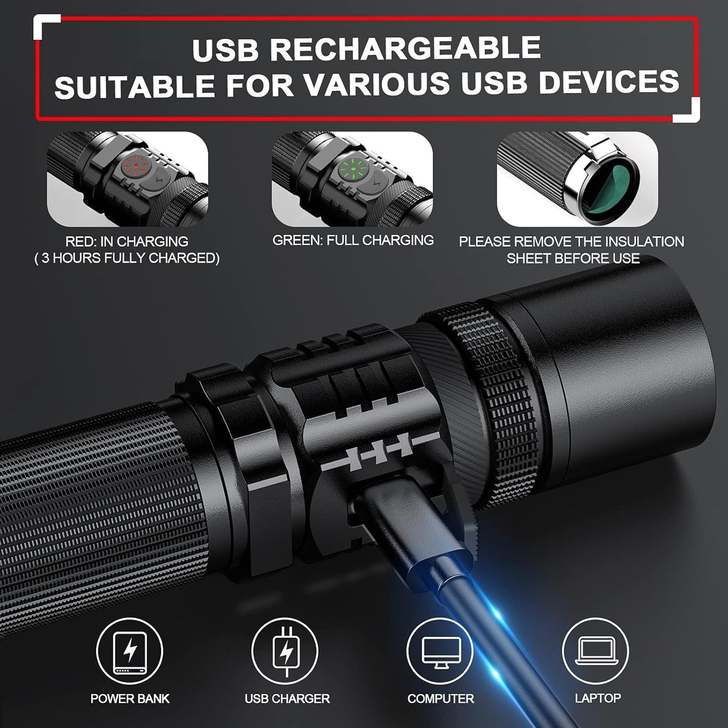 Rechargeable Flashlight, LETMY Tactical Flashlight High Lumens, USB Rechargeable Super Bright LED Flashlight with 5 Modes & Zoomable, Waterproof Flashlight for Camping, Hiking, Emergency