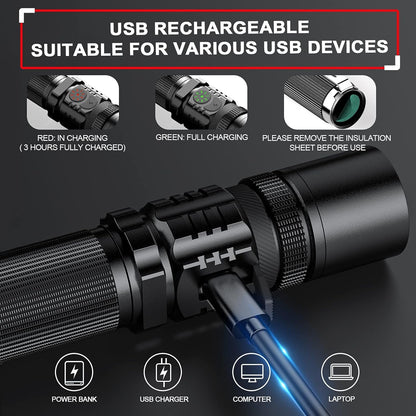 Rechargeable Flashlight, LETMY Tactical Flashlight High Lumens, USB Rechargeable Super Bright LED Flashlight with 5 Modes & Zoomable, Waterproof Flashlight for Camping, Hiking, Emergency