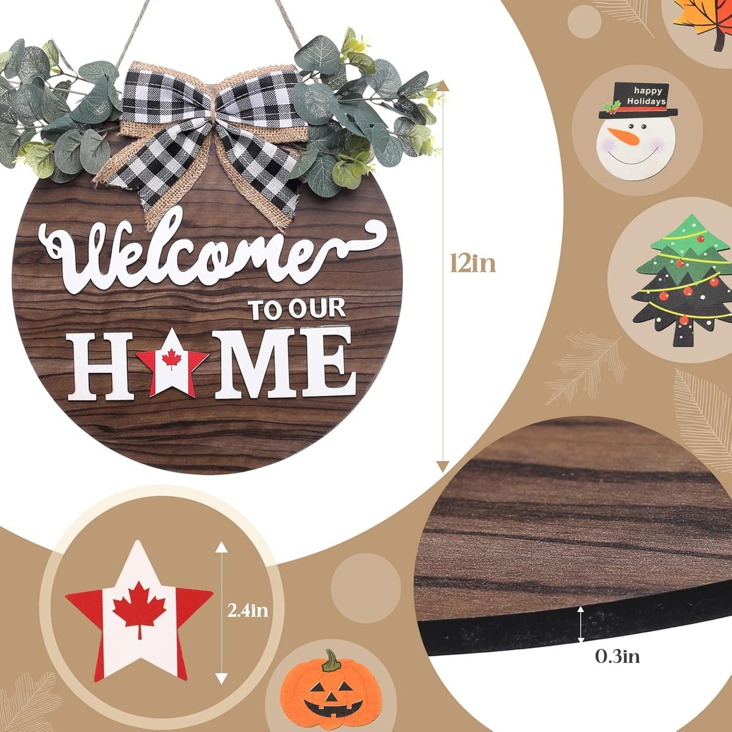 SWITTE 12 Interchangeable Seasonal Welcome Wreaths Sign Home Decor, Rustic Round Wood Wreaths Wall Hanging Outdoor, Porch, for Spring Summer Fall All Seasons Holiday Christmas Decoration (Brown)