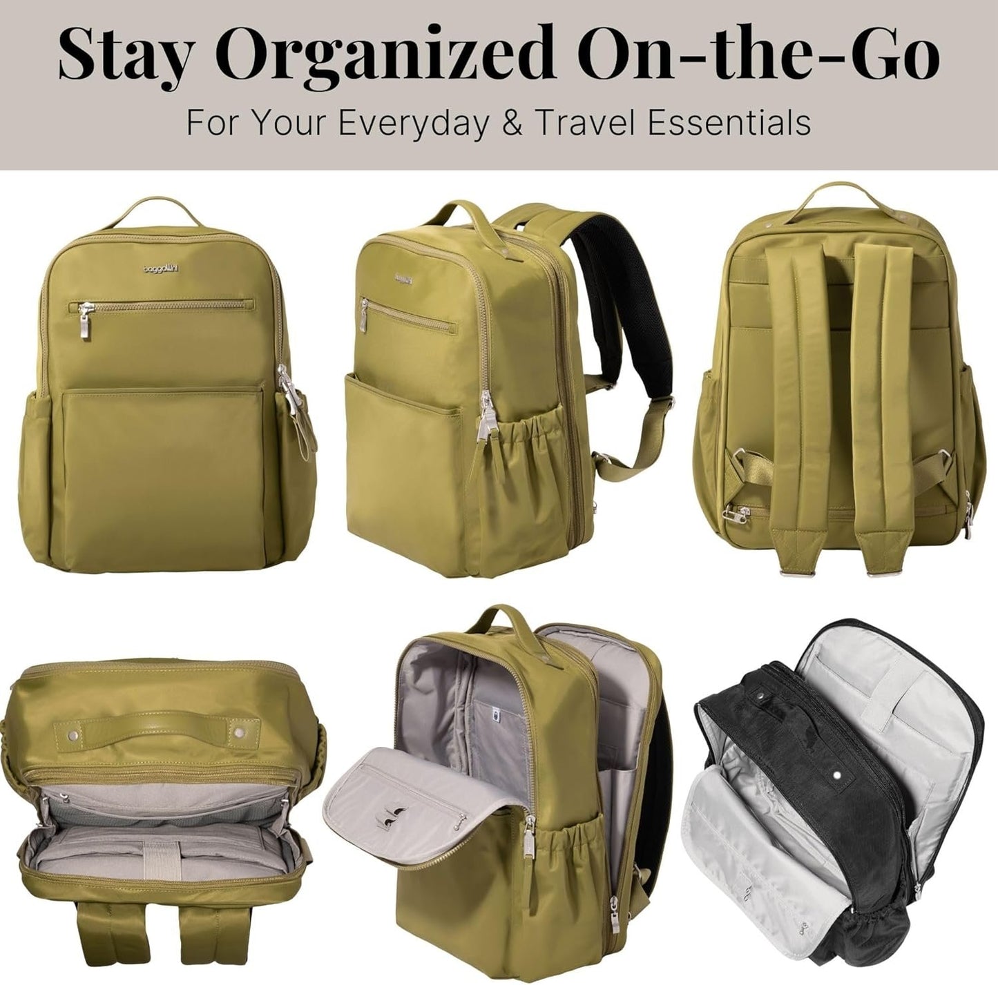 Baggallini Tribeca Expandable Travel Laptop Backpack Water-Resistant Nylon Work Bag w/Organization, Padded Sleeve & RFID Tech, Sage Twill, One Size