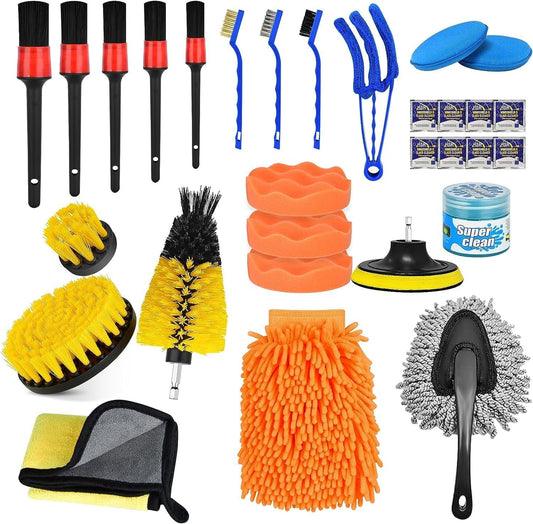 30 Pcs Car Cleaning Kit Interior Detailing Brush Kit, Car Detailing Drill Brush Set with Cleaning Gel, Microfiber Towels and Wax Sponge, for Car Interior Exterior Cleaning, Dashboard, Wheel