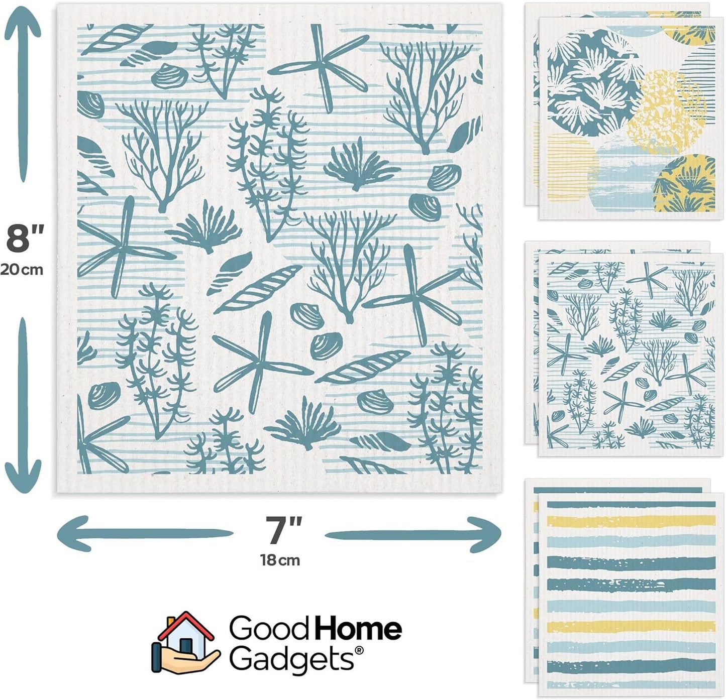 Good Home Gadgets Swedish Dishcloths for Kitchen | 6-Pack Ocean Collection | Absorbent Reusable Swedish Dishcloths, Eco-Friendly Cellulose Sponge Dishtowels