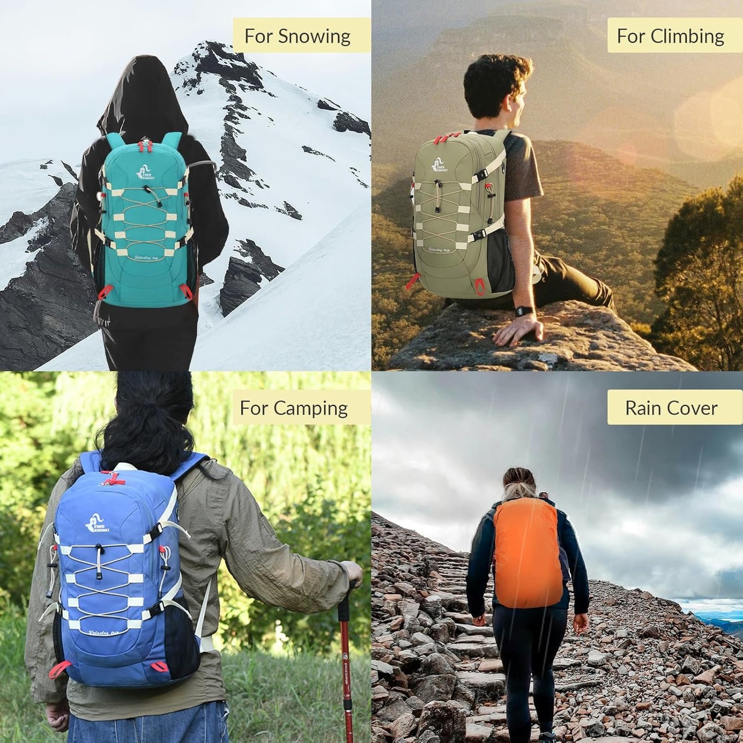 Bseash 40L Waterproof Hiking Camping Backpack with Rain Cover, Lightweight Outdoor Sport Travel Daypack for Climbing Skiing