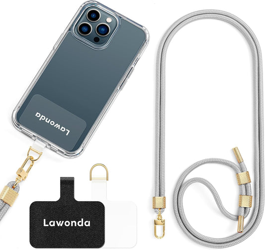 Lawonda Universal Crossbody Cell Phone Strap Anti-Theft Adjustable Nylon Neck Lanyard 2 pcs Phone Patchs Tether Pads for Women Men Grey