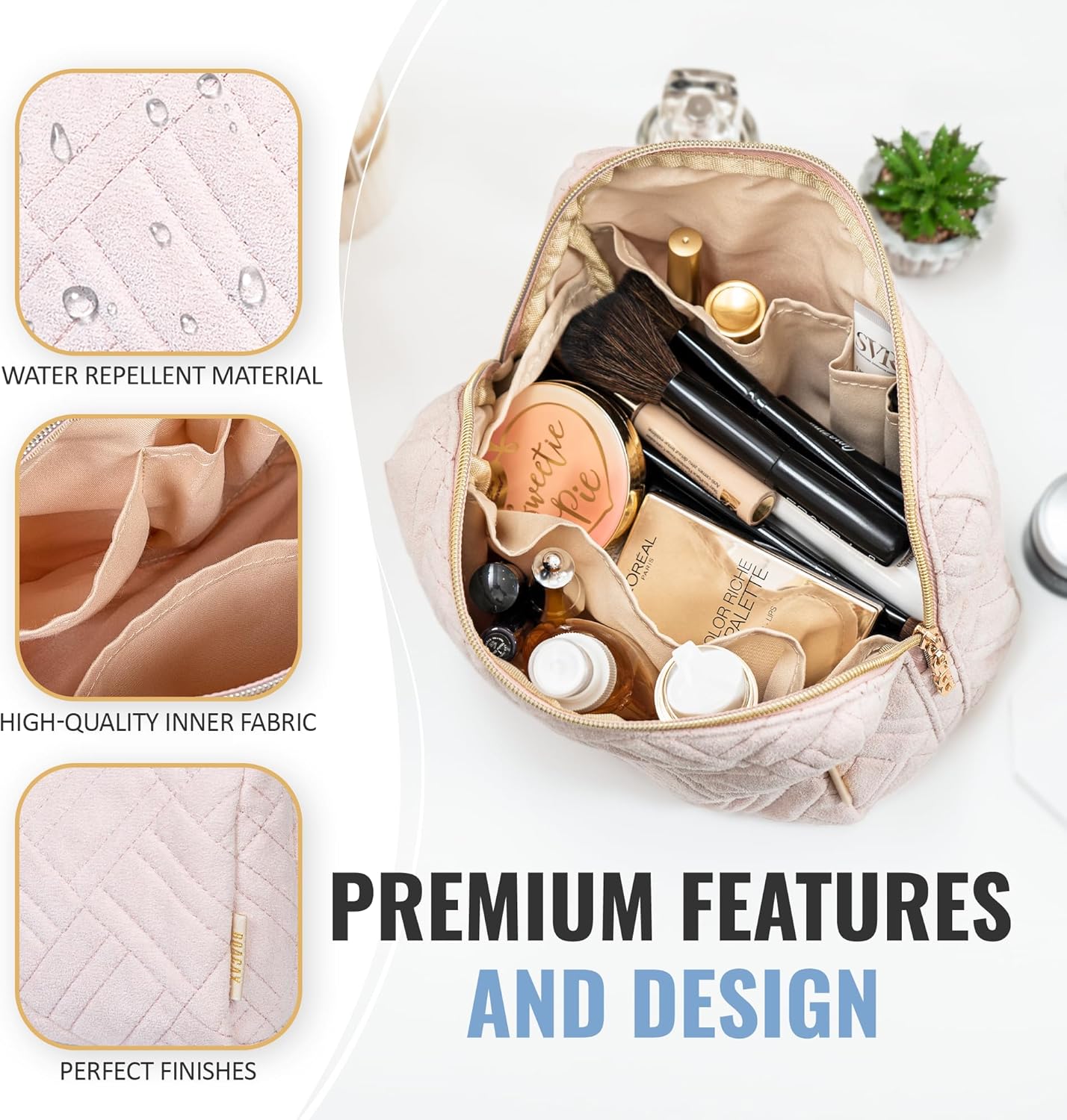 BOACAY Large Makeup Bag, Travel Cosmetic Pouch for Women, Girls & Kids, Zipper Toiletry Organizer for Purse, Kit Case for Accessories, Brushes