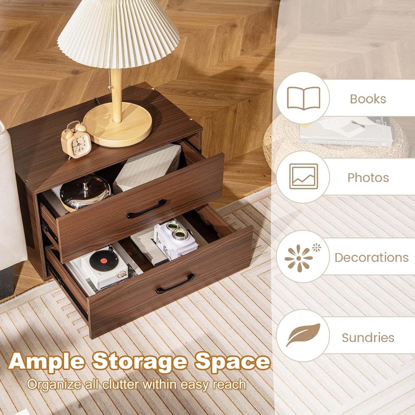 KOMFOTTEU Chest of Drawers with 2 Drawers, Anti-tipping Device Small Wooden Furniture for Bedroom, Living Room, Office, Bedside, 60 x 34 x 38 cm (Walnut)