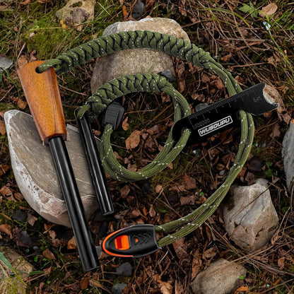 Flint and Steel Lightweight Ferro Rod Fire Starter Survival Tool Lanyard Handle Flint Fire Starter Kit with Multi-Tool Ferro Rod Striker, Survival Whistle, Fire Starter Rope, and Carabiner for Camping