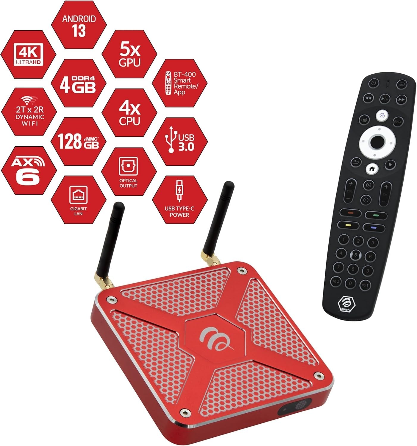 BuzzTV X5 SS Android 13 TV Box, 4GB DDR4 RAM, 128GB Storage, Scarlet Red Aluminum, Voice-Controlled Remote, Wireless AX, USB-C, Global Power Adapters