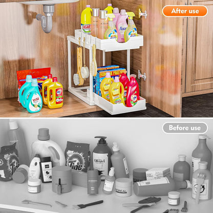 ARSTPEOE 2 Pack Double Sliding Under Sink Organizers and Storage,Two Tier Bathroom Storage and organization,Under Cabinet Organizer with Hooks Hanging Cup,Home Organization,White