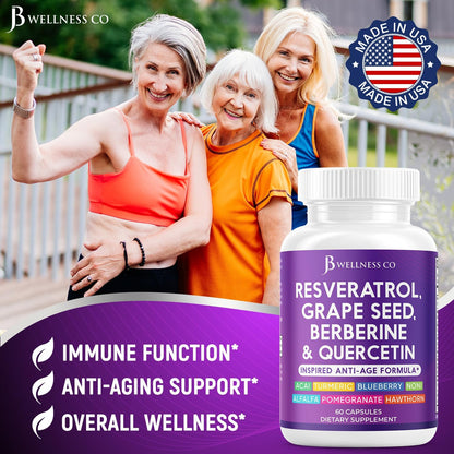 JB Wellness Resveratrol Grape Seed Extract, Berberine, Quercetin - Polyphenol Supplement for Women and Men with Noni Extract, N-Acetyl Cysteine, Acai Extract - 60 Capsules