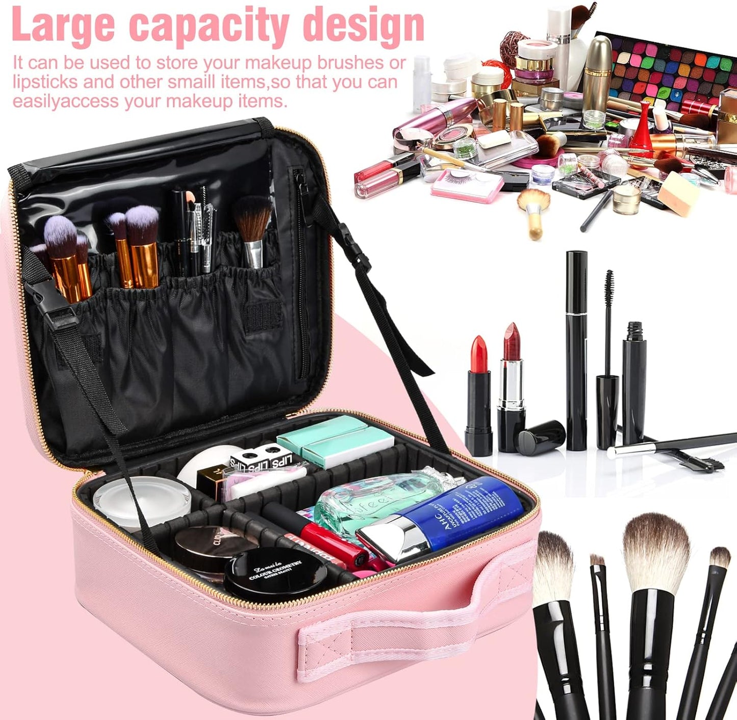 Chstarina Travel Beauty Case, Professional Makeup Bag, Women's Makeup Bag, Waterproof Makeup Bag, Bag with Adjustable Dividers Organizer, Travel Organizer, Pink, pink, makeup case