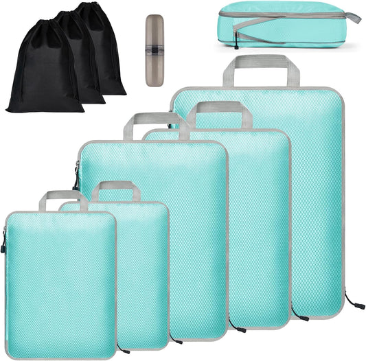 Eucomir Suitcase Organizer Set of 9 Cubes for Travel, Expandable Organizer Bags for Suitcase Organizer, Space-Saving Organizer, Suitcase Travel Set, for Travel or Home Storage, Lake Blue
