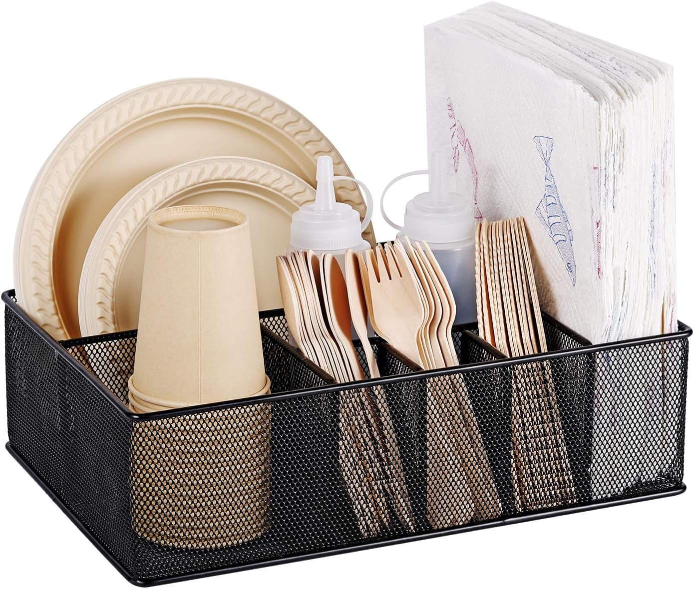 GOFULLHOME Paper Plate Organizer for Countertop, Metal Silverware Caddy Cutlery, Flatware Organizer Storage Box With 7 Compartments for Plates, Cups, Napkins