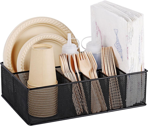 GOFULLHOME Paper Plate Organizer for Countertop, Metal Silverware Caddy Cutlery, Flatware Organizer Storage Box With 7 Compartments for Plates, Cups, Napkins