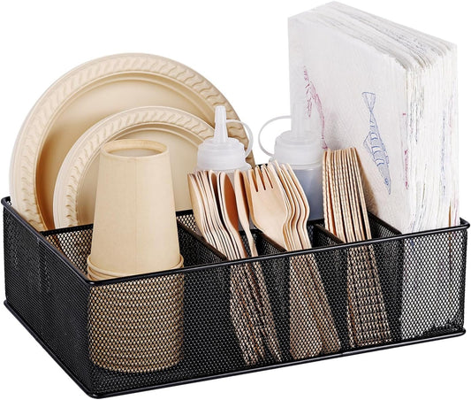 GOFULLHOME Paper Plate Organizer for Countertop, Metal Silverware Caddy Cutlery, Flatware Organizer Storage Box With 7 Compartments for Plates, Cups, Napkins