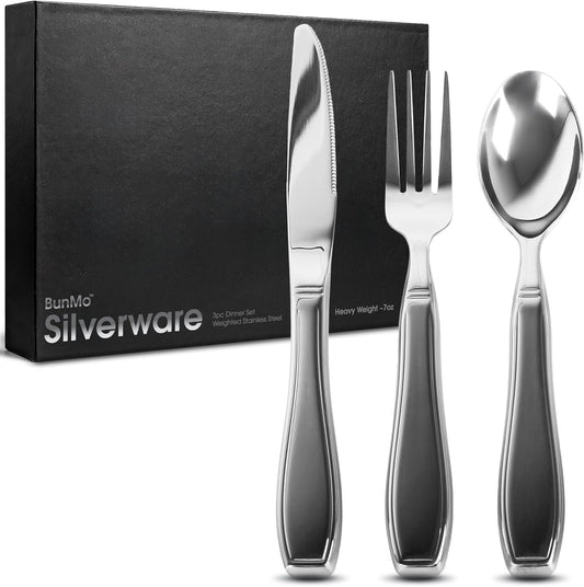 BUNMO Weighted Utensils for Tremors and Parkinsons Patients - Heavy Weight Silverware Set of Knife, Fork and Spoon - Adaptive Eating Flatware (3 Pieces)