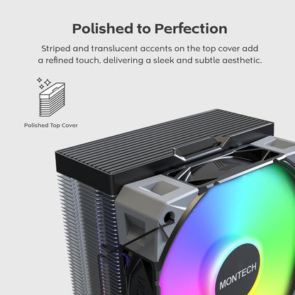 MONTECH NX400 ARGB - CPU Cooler, Single Tower, 4 Advanced Heat Pipes, 52-fin Heat Sink, E28, 120mm FDB Static Pressure Fan, 28mm Fan Thickness, Corner-Cover Footpads, Polished Top Cover, ARGB - Black