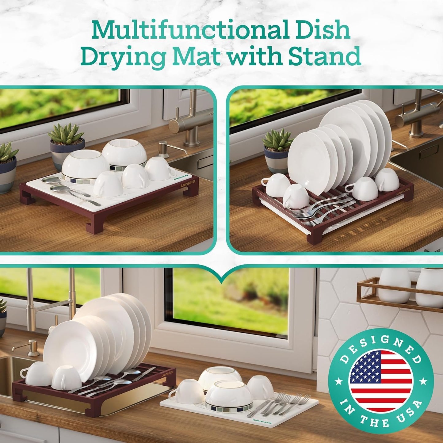 Lanuks Stone Drying Mat for Kitchen Counter |Drying Matt Kitchen Counter with Bamboo Dish Drying Rack |Diatomaceous Earth Dish Drying Mat (Cherry Stand)