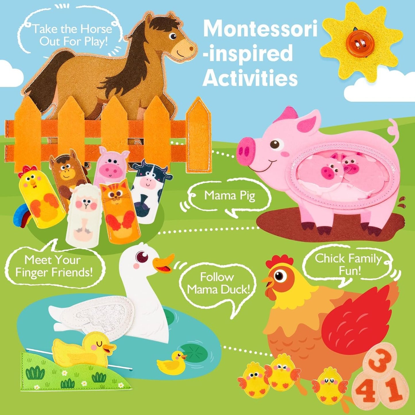 hahaland Montessori Busy Books for 1 Year Old, Farm Animals Busy Board for Toddlers 1-3 Montessori Toys 1 Year Old Boy Girl, Early Education, Independent Learning, Self-Exploration Travel Toys