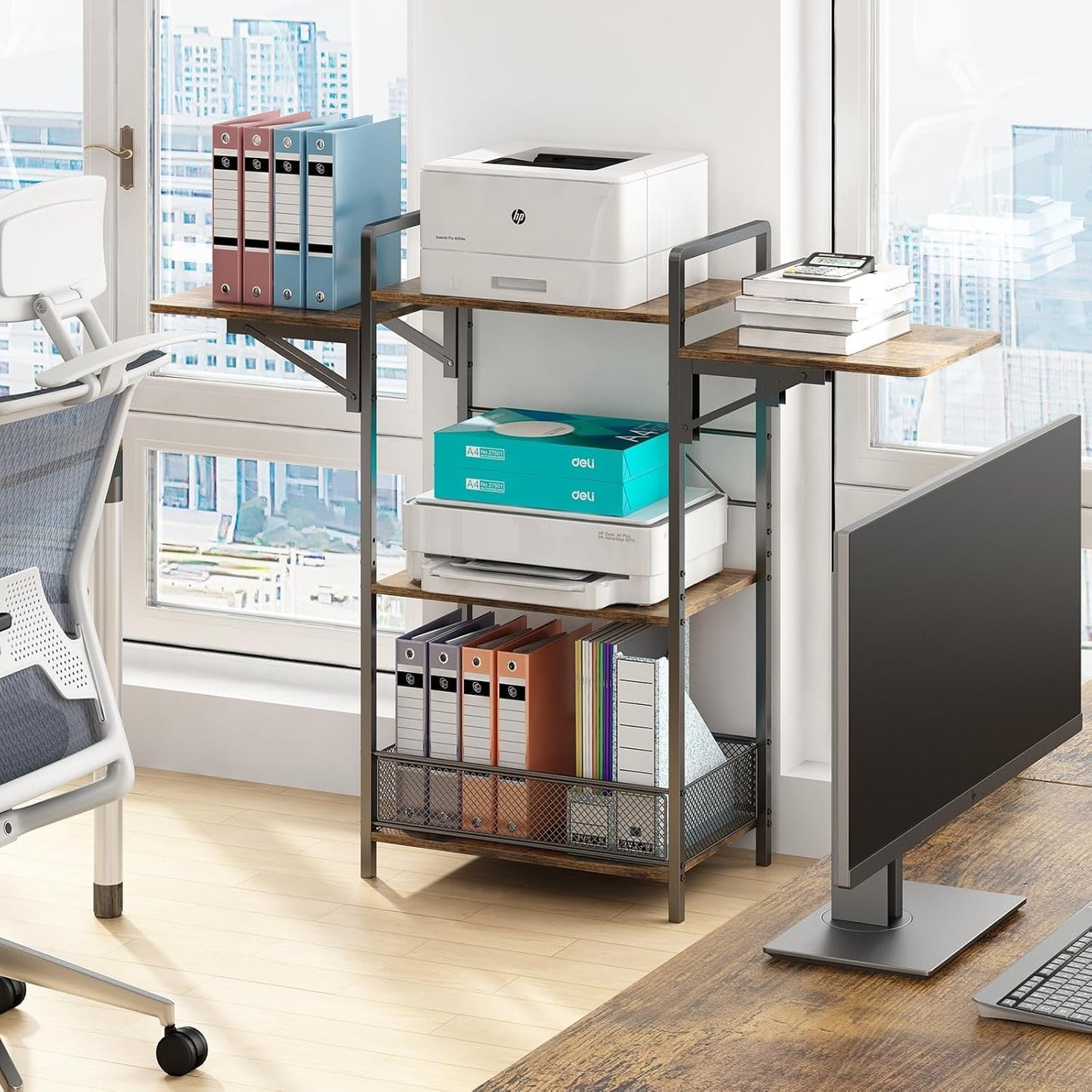 GILLAS 3 Tier Large Printer Stand, Desk Top Printer Dtand with Storage, 3 Tier Printer Table for Home Office Organization, Suitable for Fax Machines, Scanners, Office and Home Storage Rack, Metal