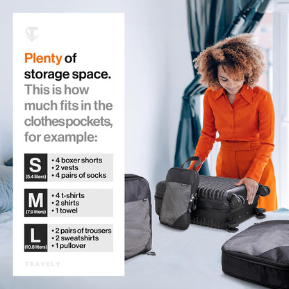 TRAVELY Packing Cube Compression - Size M - Black Polyester Packing Bag with Zipper Closure - Space-Saving Compression for Travel Organization