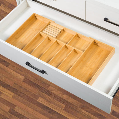 VaeFae Extra Large Bamboo Cutlery Drawer Organizer, Expandable Kitchen Utensil Organizer with Knife Block, Multifunctional Wooden Drawer Divider