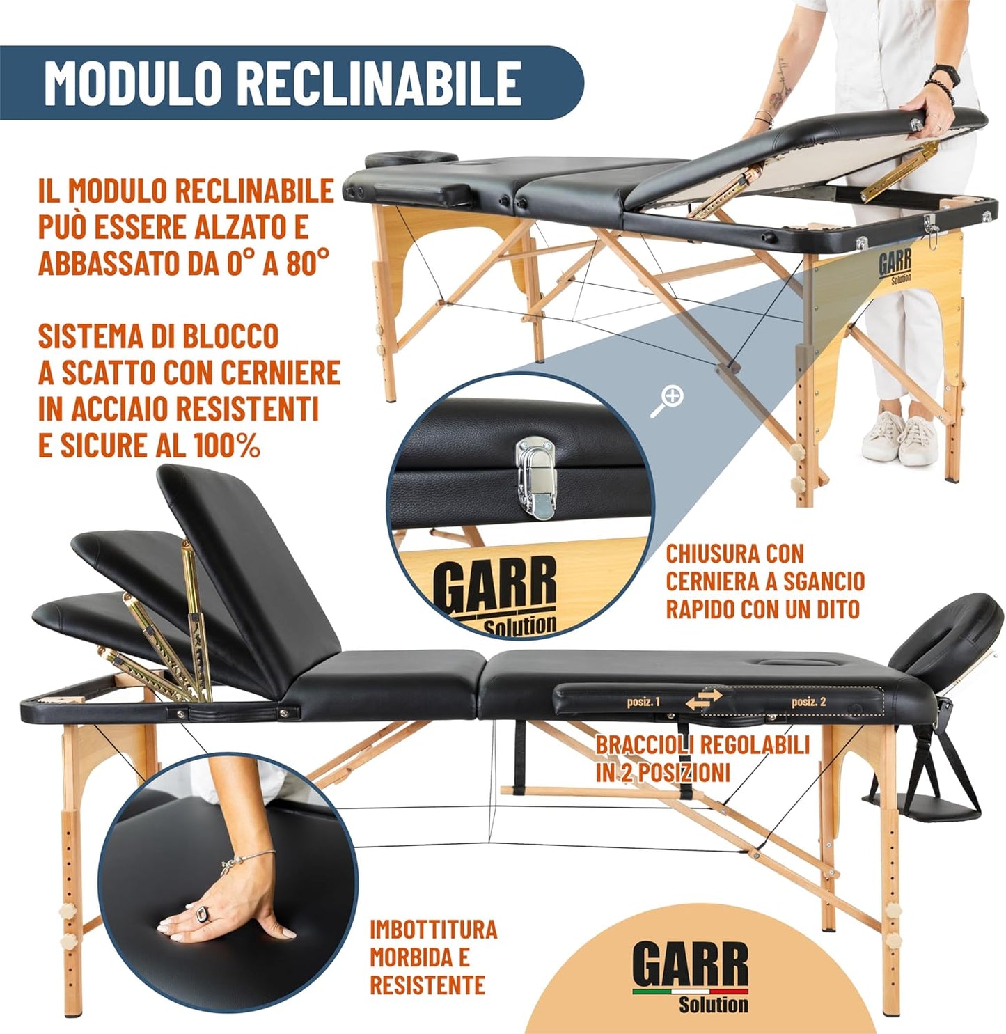 GARR Solution Portable 3 Zone Wooden Massage Table Professional Folding Lightweight 185 x 70 H62/87 cm with Roll Holder and Accessories – Suitable for Beauticians, Physiotherapy and Tattoo – Black