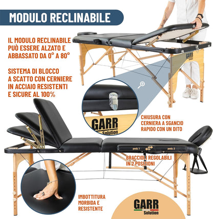 GARR Solution Portable 3 Zone Wooden Massage Table Professional Folding Lightweight 185 x 70 H62/87 cm with Roll Holder and Accessories – Suitable for Beauticians, Physiotherapy and Tattoo – Black