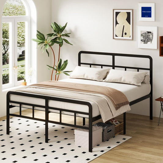 Richwanone 16 inch Queen Bed Frame with Headboard and Footboard, Metal Platform with Steel Slat Support, No Box Spring Needed, Easy Assembly, Black