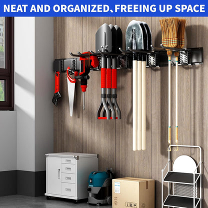 Garage Organization Tool Organizer Wall Mount, 32inch Heavy Duty Garden Tool Storage System, Easy Install With 6 Adjustable Hooks, For Home, Garage, Outdoor, Workshops (Black)