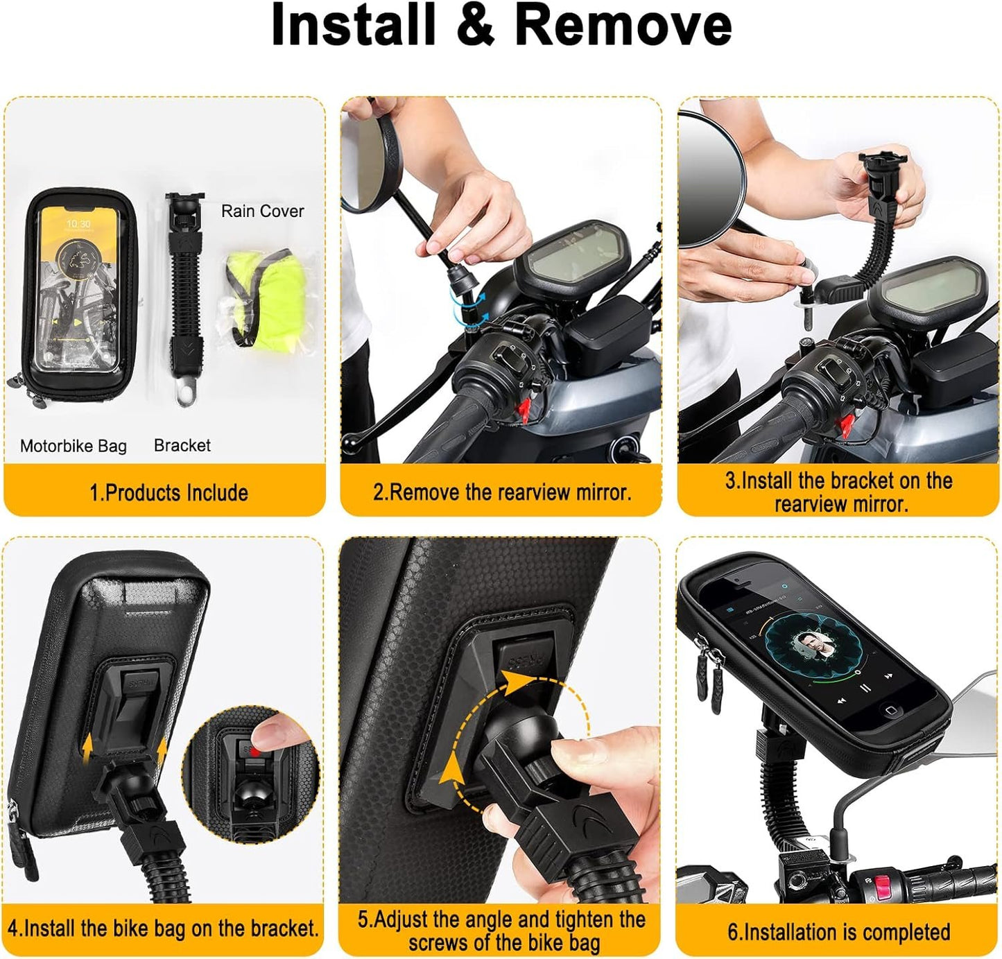 ENOENO Motorcycle Smartphone Holder Waterproof 360 Degrees Mobile Phone Holder for Motorcycle with Rain Cover for Mobile Phone Holder Motorcycle Rearview Mirror Up to 6.7 Inches