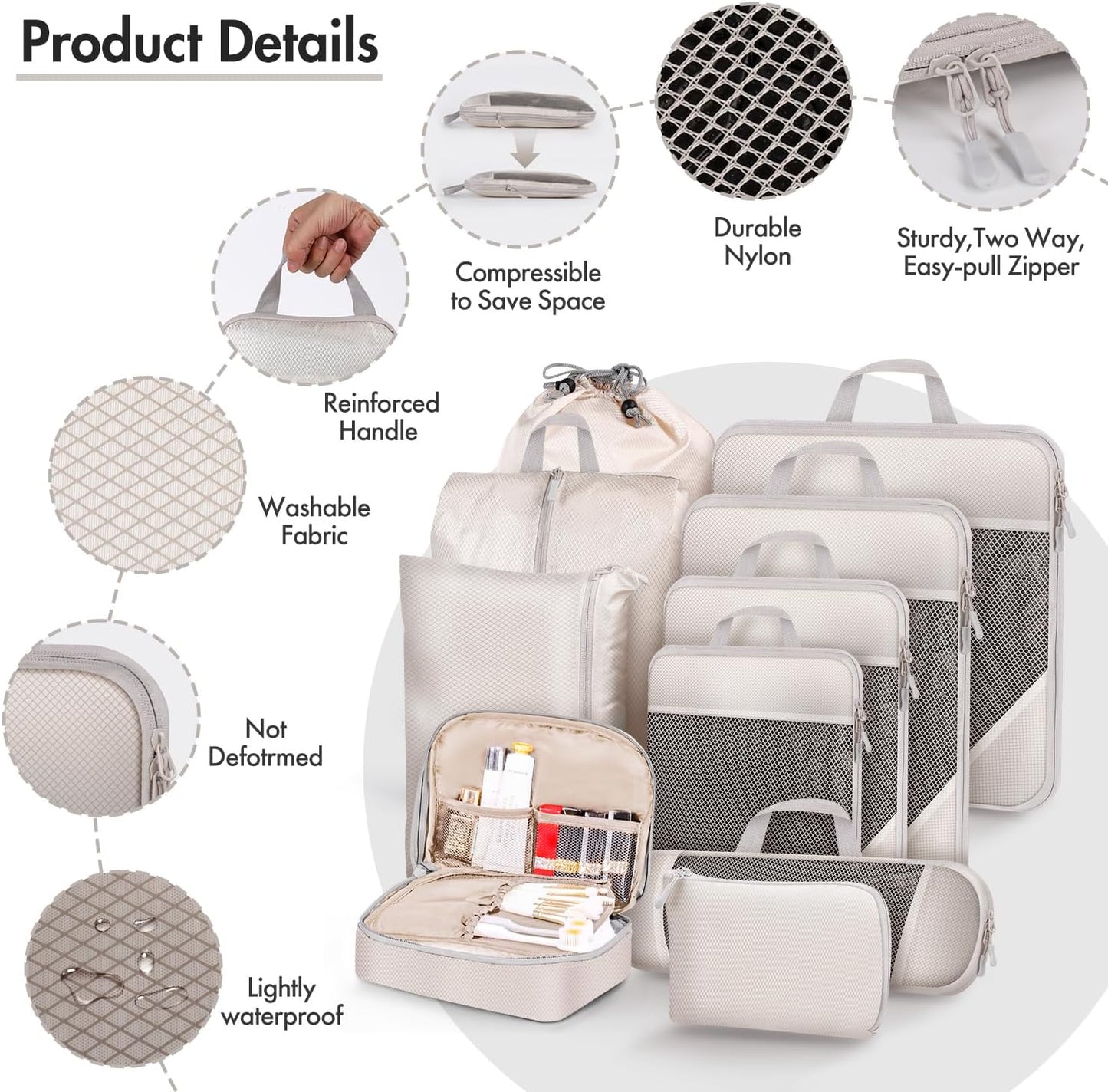 MUUKAIII Luggage Organizer Set of 9 Cubes for Travel, Compression Organizer Suitcase, Space-Saving Suitcase, Travel Organizers, Packing Cubes Set, Travel Organizer for Clothes, Ultralight, Beige