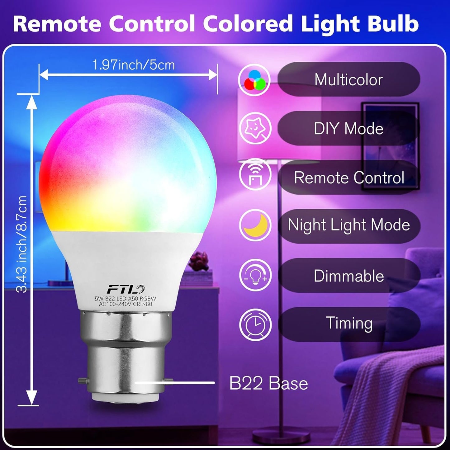 FTL RGB Colour Changing LED Bulb with Remote Control, B22 Bayonet Light Bulb 5W 40W Equivalent Dimmable, A50 Multicolour Light Bulb for Home Decoration Party Mood Lighting 6-Pack