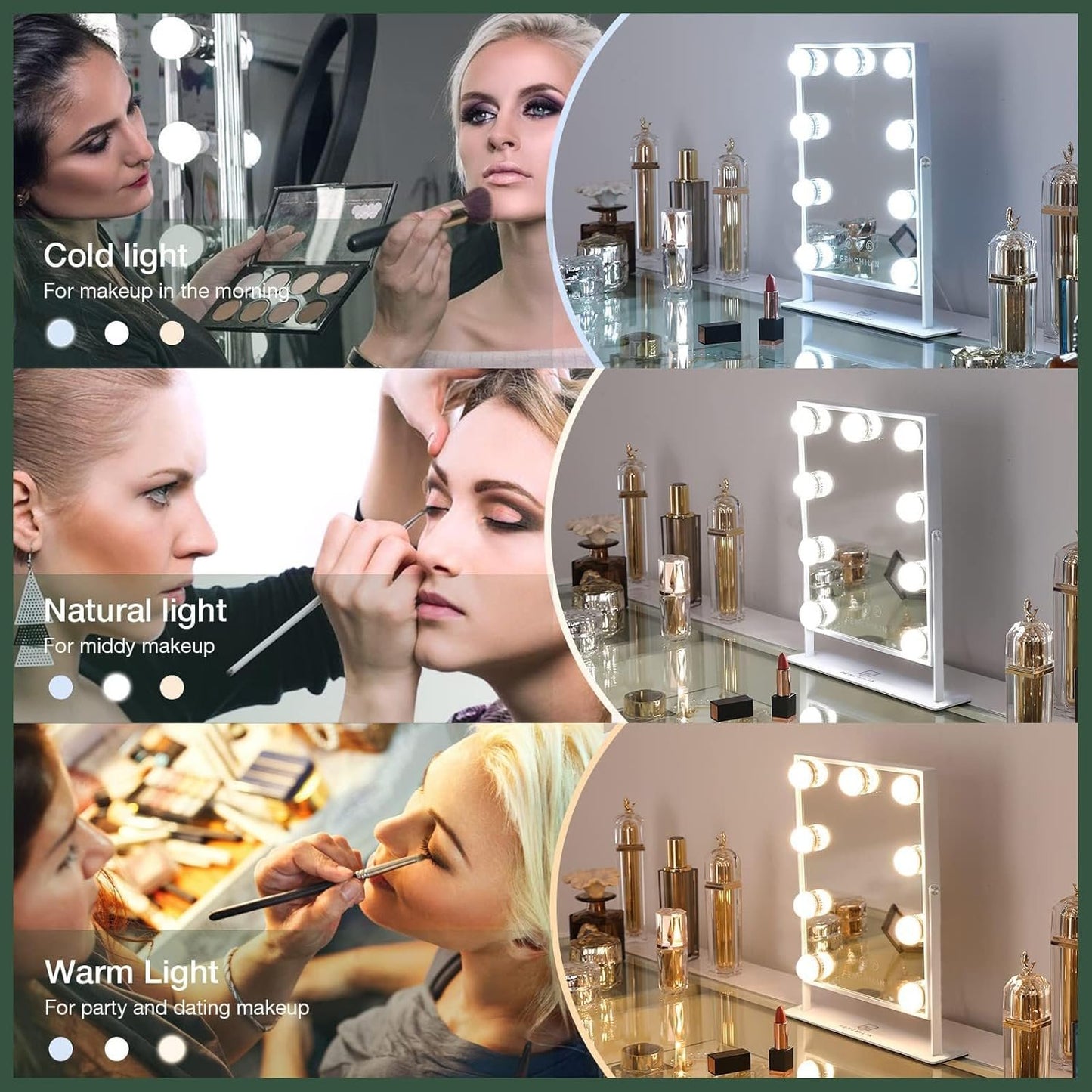 Lighted Vanity Make Mirror with Light,Makeup Mirror with Dimmable LED Blubs, Screen Touch Control Three Colors Lights Ajustable Angle for Dressing Table