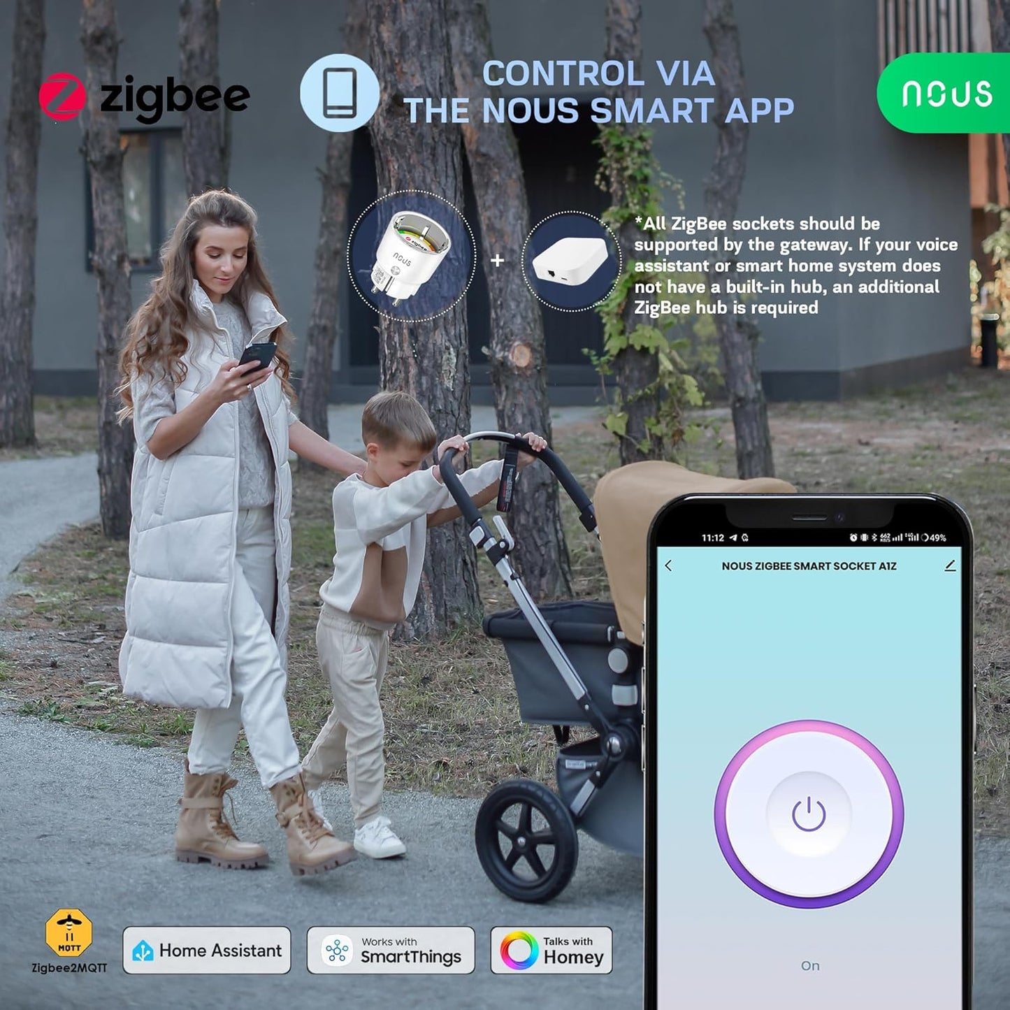 NOUS A1Z ZigBee Smart Socket, Compatible with Alexa, Google Assistant, Home Assistant, Tuya, Smart Home Automation with Energy Monitoring, Smart WiFi Sockets for Home Automation, 2MQTT