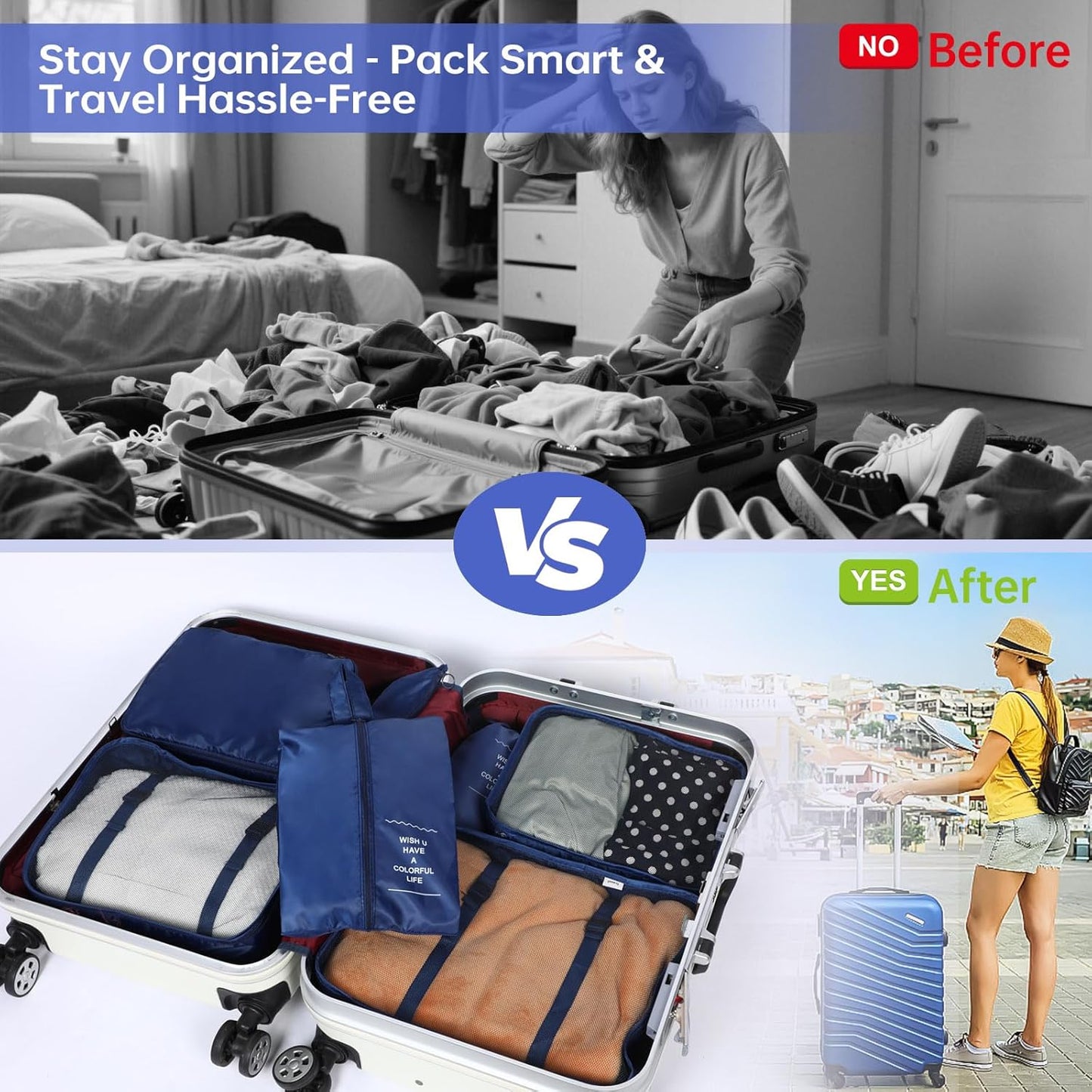 Packing Cubes Travel Bag Polyester 7 Pieces Lightweight Waterproof Space Saving Travel Bag Organizer (Dark Blue)