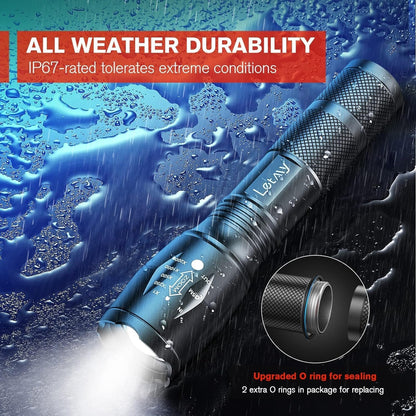 LETMY LED Flashlight, High Lumens XML T6 Handheld Flashlights, Zoomable, IP67 Waterproof, 5 Modes, Portable Flashlight for Outdoor Camping Running Walking Emergency (2 Pack)