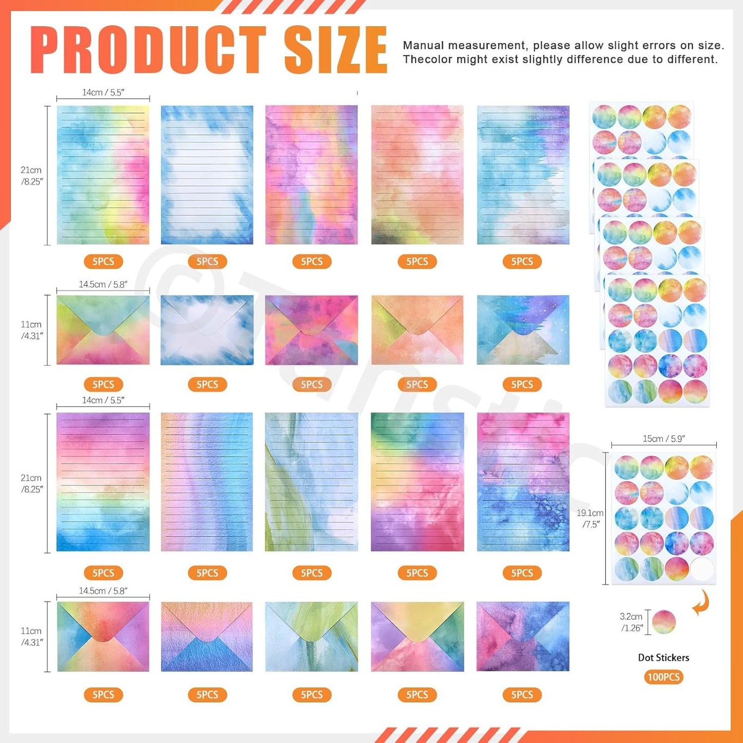 Tanstic 200Pcs(50 Sets) 5.5 x 8.25 Inch Stationery Paper Set Watercolor Stationary Paper and Envelopes Mini Stationery Paper with Round Dot Sticker for Invitations, Letters
