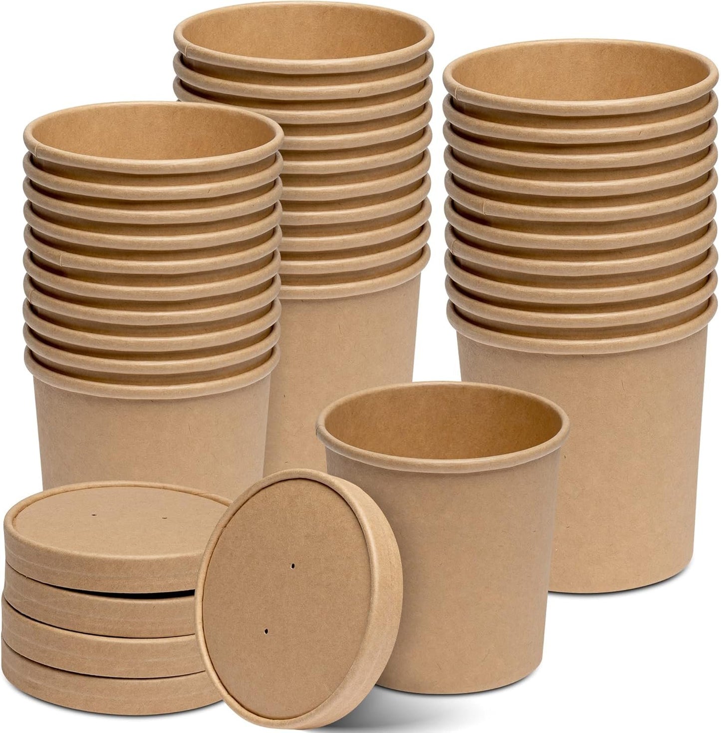 GUSTO [16 oz. - 25 Count] Kraft Paper Food Containers with Vented Lids - To Go Hot Soup Bowls, Disposable Ice Cream Cups, Ideal for Hot and Cold Foods - Formerly Comfy Package